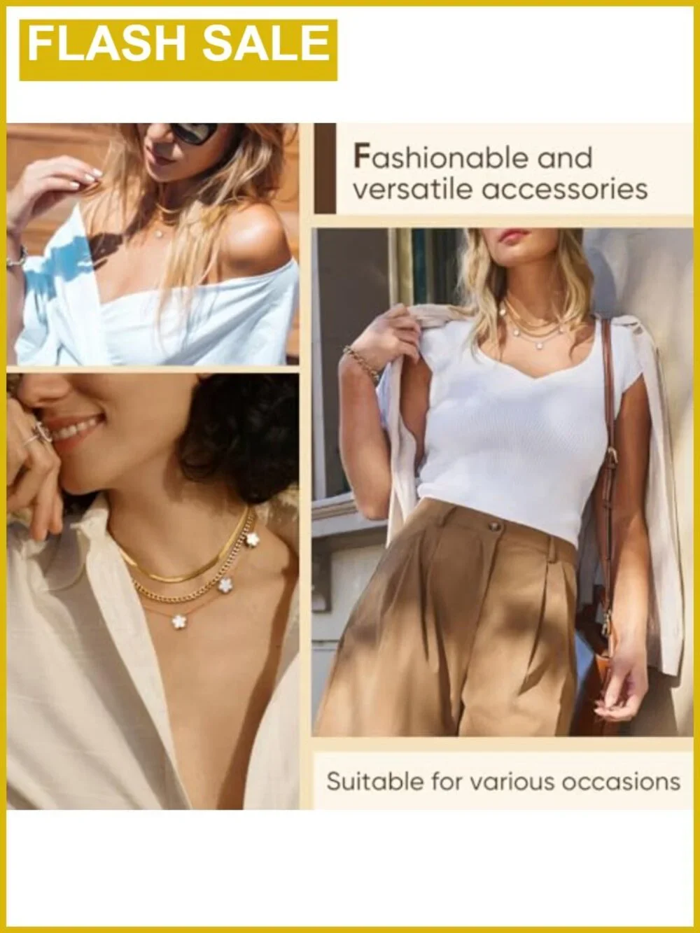 18K Gold Plated Layered Necklace Set 3Pc Herringbone Cuban Link Floral